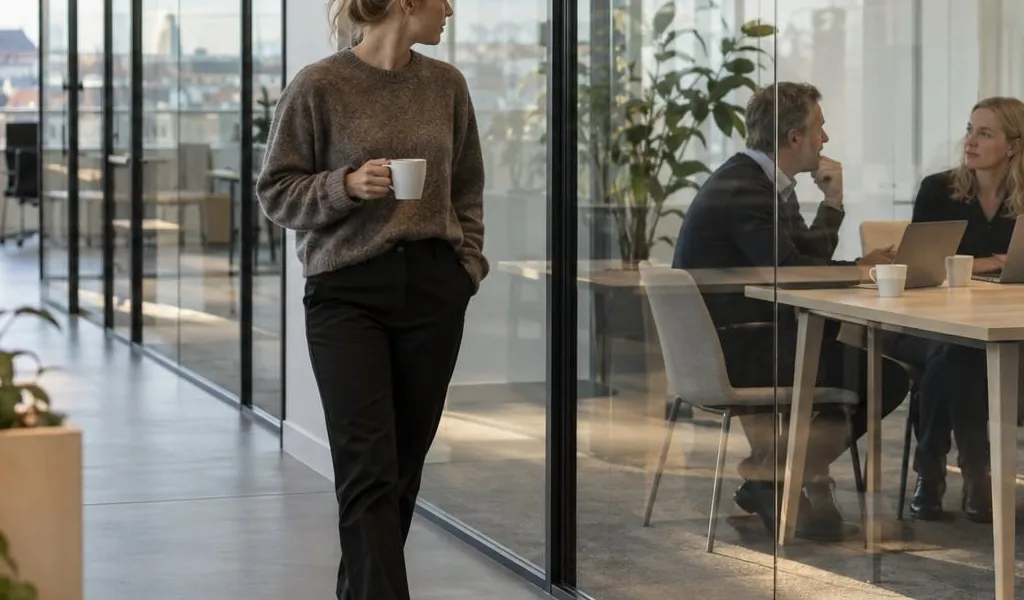 En kvinna med kaffekopp går längs en glasvägg på ett kontor och ser in i ett mötesrum där personer sitter vid ett bord med varsin dator.