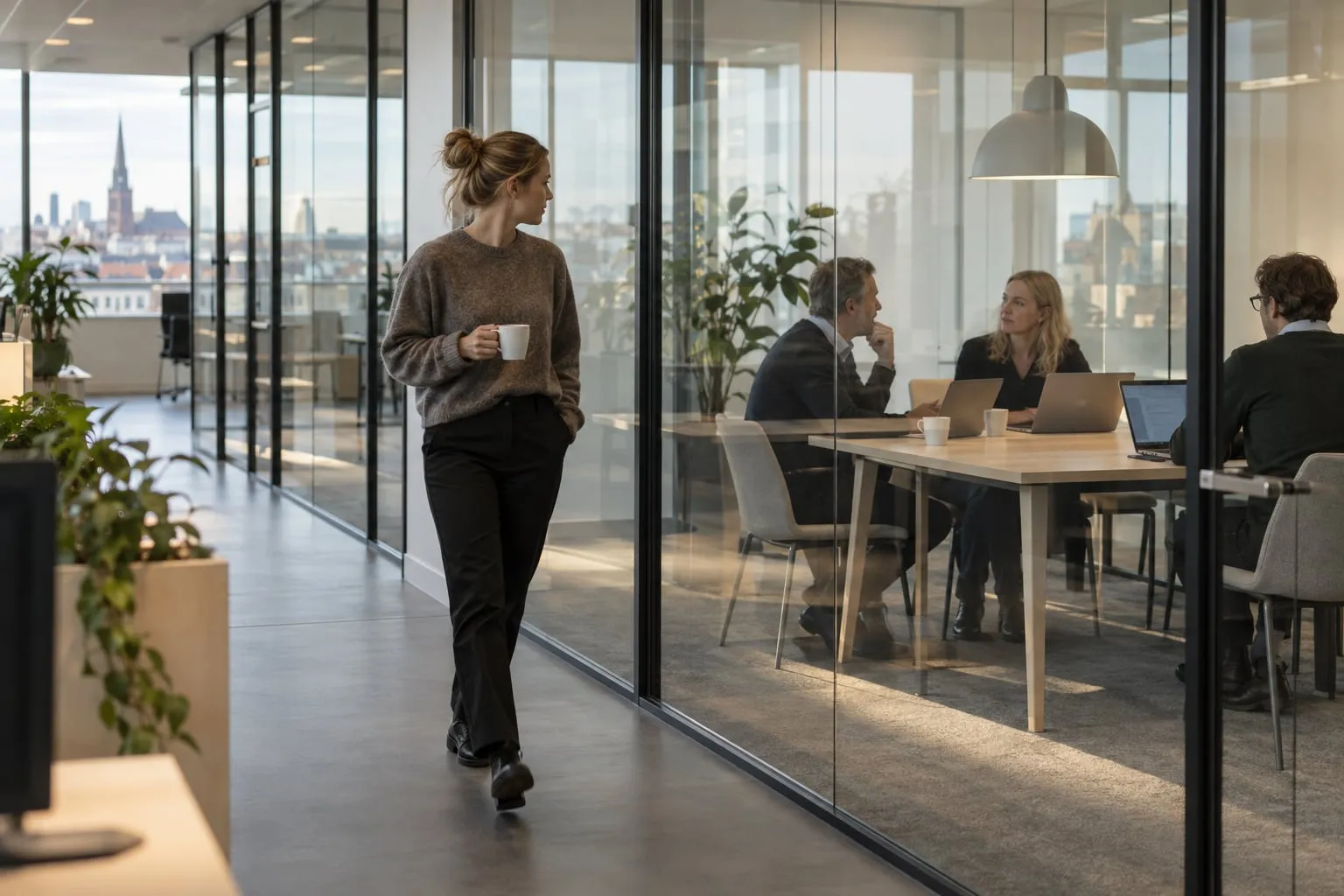 En kvinna med kaffekopp går längs en glasvägg på ett kontor och ser in i ett mötesrum där tre personer sitter vid ett bord med varsin dator. Genom fönstren syns stadens takåsar.